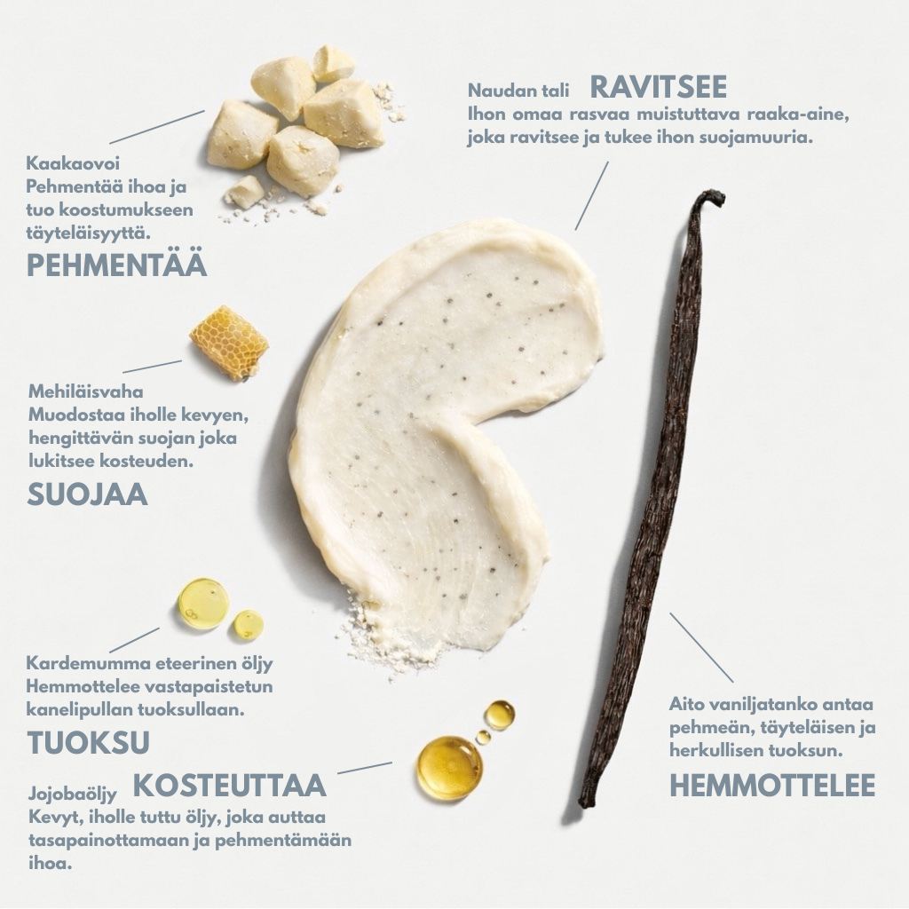 Vanilja talivoide ainesosat – tali, kaakaovoi, mehiläisvaha ja vanilja ihonhoidossa